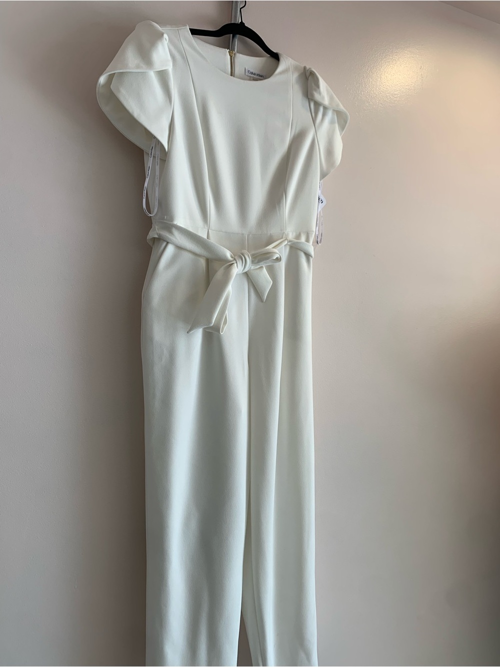 Calvin Klein Ivory Puff-Sleeve Belted Jumpsuit